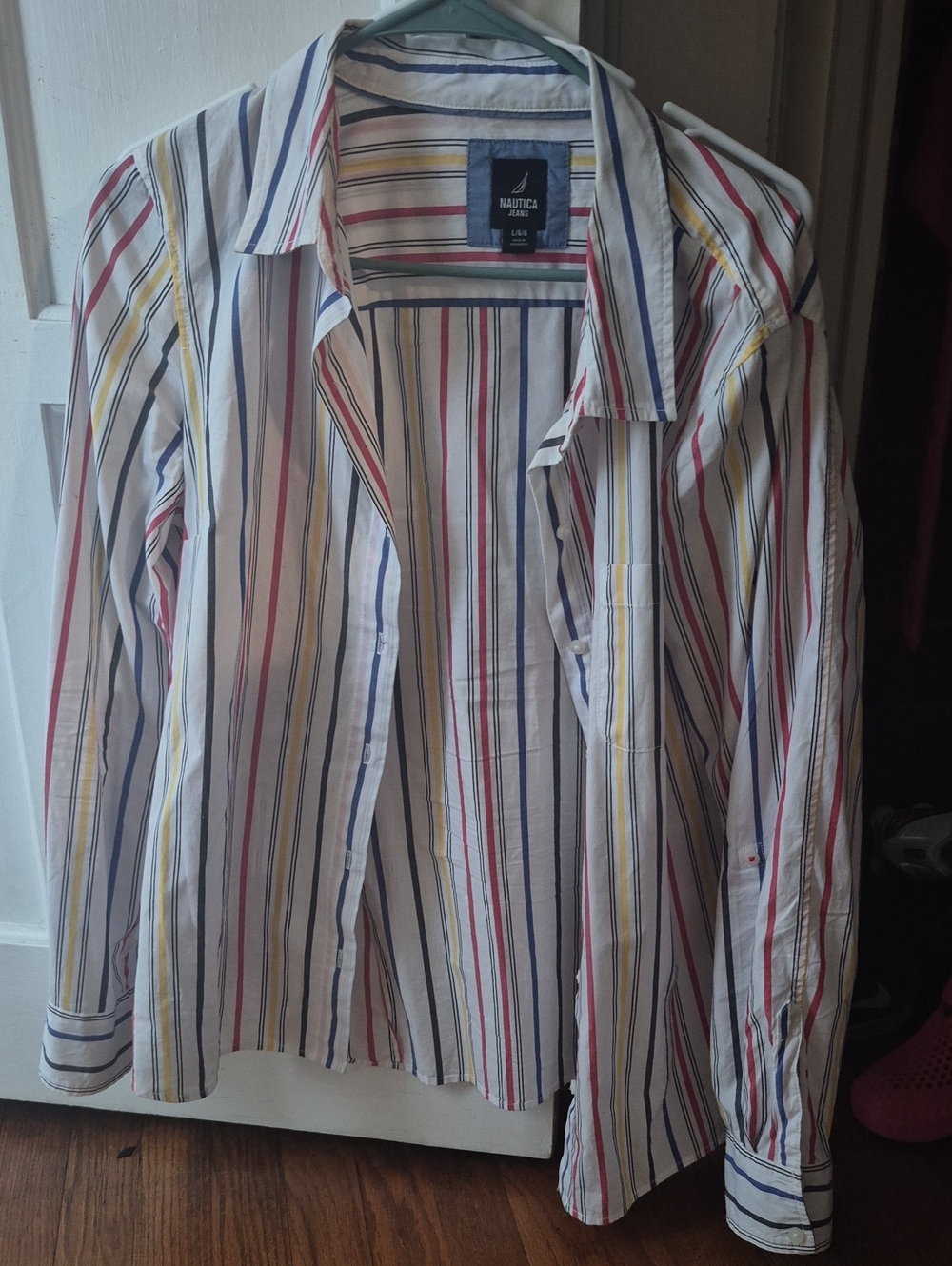 Nautica Multi-Stripe Button-Up Shirt - White, Red, Blue, Yellow